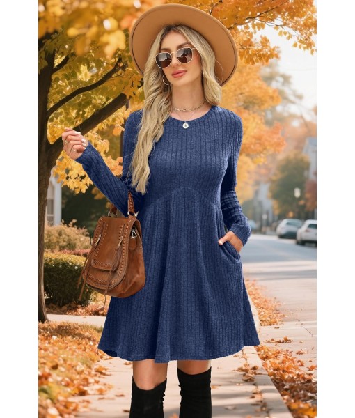OFEEFAN Long Sleeve Dress for Women Crew Neck Empire Waist Tunic Dress with Pockets
