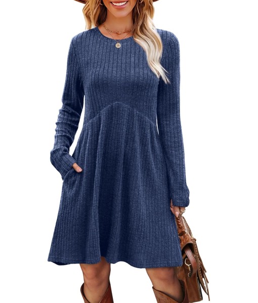 OFEEFAN Long Sleeve Dress for Women Crew Neck Empire Waist Tunic Dress with Pockets