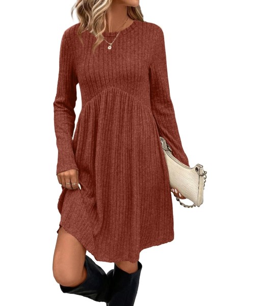 OFEEFAN Long Sleeve Dress for Women Crew Neck Empire Waist Tunic Dress with Pockets