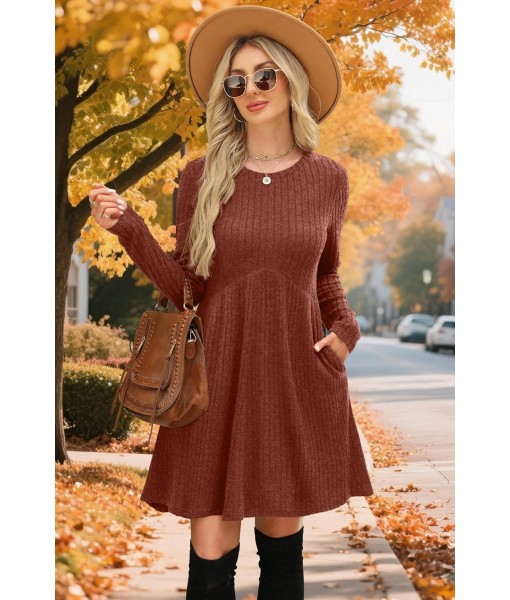 OFEEFAN Long Sleeve Dress for Women Crew Neck Empire Waist Tunic Dress with Pockets