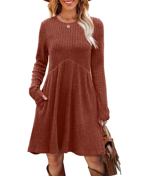 OFEEFAN Long Sleeve Dress for Women Crew Neck Empire Waist Tunic Dress with Pockets