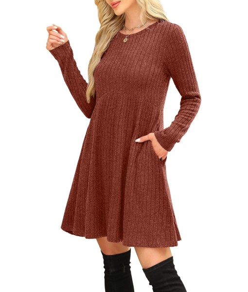 OFEEFAN Long Sleeve Dress for Women Crew Neck Empire Waist Tunic Dress with Pockets