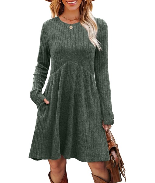 OFEEFAN Long Sleeve Dress for Women Crew Neck Empire Waist Tunic Dress with Pockets