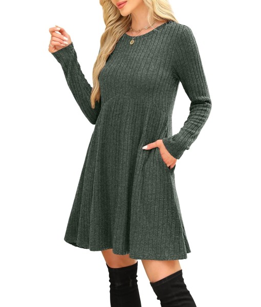 OFEEFAN Long Sleeve Dress for Women Crew Neck Empire Waist Tunic Dress with Pockets