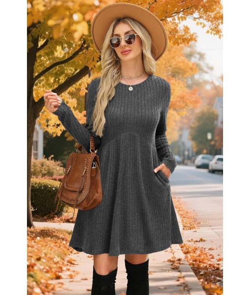 OFEEFAN Long Sleeve Dress for Women Crew Neck Empire Waist Tunic Dress with Pockets