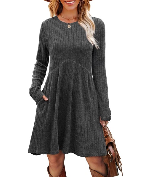 OFEEFAN Long Sleeve Dress for Women Crew Neck Empire Waist Tunic Dress with Pockets