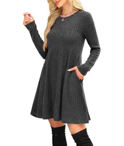 OFEEFAN Long Sleeve Dress for Women Crew Neck Empire Waist Tunic Dress with Pockets