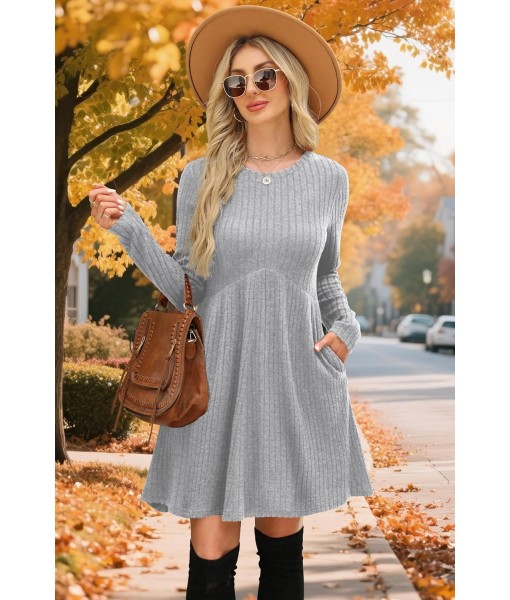 OFEEFAN Long Sleeve Dress for Women Crew Neck Empire Waist Tunic Dress with Pockets