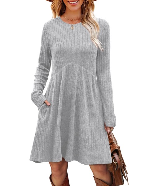 OFEEFAN Long Sleeve Dress for Women Crew Neck Empire Waist Tunic Dress with Pockets