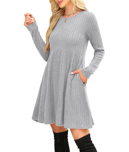 OFEEFAN Long Sleeve Dress for Women Crew Neck Empire Waist Tunic Dress with Pockets