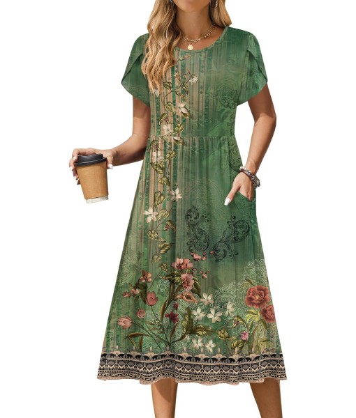 Zeagoo Women Summer Short Sleeve Midi Dress with Pockets Casual Aline Flowy Tshirt Dress Floral Vocation Beach Sundress