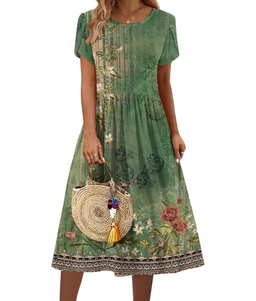 Zeagoo Women Summer Short Sleeve Midi Dress with Pockets Casual Aline Flowy Tshirt Dress Floral Vocation Beach Sundress