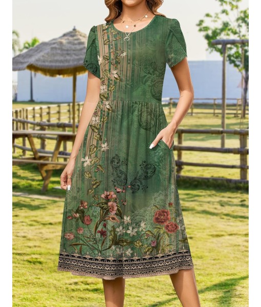 Zeagoo Women Summer Short Sleeve Midi Dress with Pockets Casual Aline Flowy Tshirt Dress Floral Vocation Beach Sundress