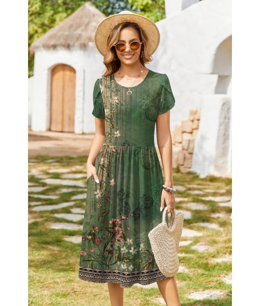 Zeagoo Women Summer Short Sleeve Midi Dress with Pockets Casual Aline Flowy Tshirt Dress Floral Vocation Beach Sundress