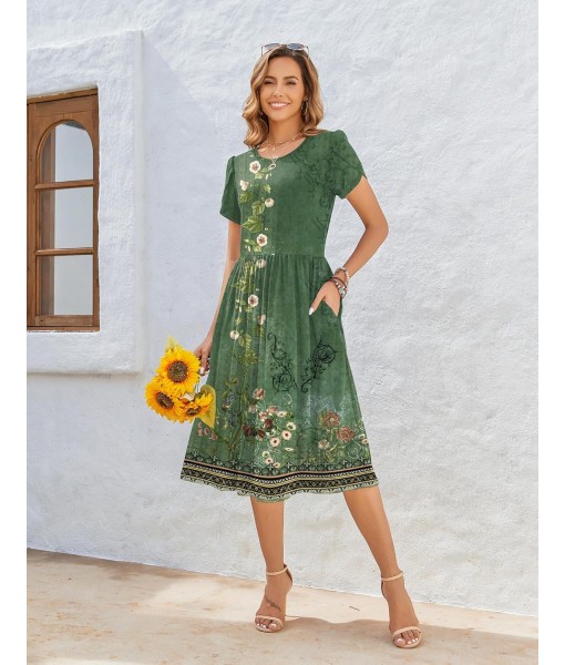 Zeagoo Women Summer Short Sleeve Midi Dress with Pockets Casual Aline Flowy Tshirt Dress Floral Vocation Beach Sundress