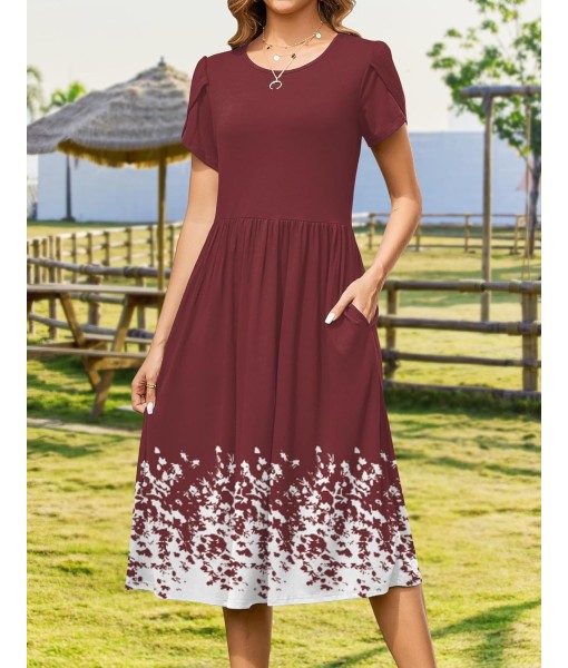 Zeagoo Women Summer Short Sleeve Midi Dress with Pockets Casual Aline Flowy Tshirt Dress Floral Vocation Beach Sundress