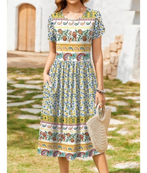 Zeagoo Women Summer Short Sleeve Midi Dress with Pockets Casual Aline Flowy Tshirt Dress Floral Vocation Beach Sundress