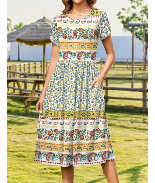 Zeagoo Women Summer Short Sleeve Midi Dress with Pockets Casual Aline Flowy Tshirt Dress Floral Vocation Beach Sundress