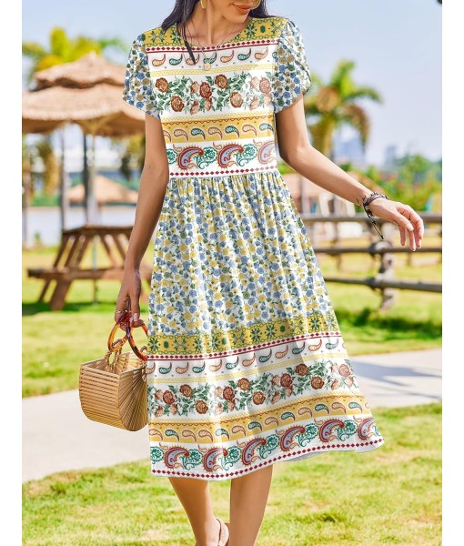 Zeagoo Women Summer Short Sleeve Midi Dress with Pockets Casual Aline Flowy Tshirt Dress Floral Vocation Beach Sundress