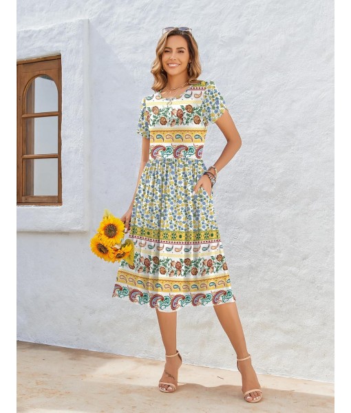 Zeagoo Women Summer Short Sleeve Midi Dress with Pockets Casual Aline Flowy Tshirt Dress Floral Vocation Beach Sundress