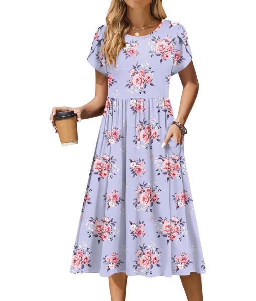 Zeagoo Women Summer Short Sleeve Midi Dress with Pockets Casual Aline Flowy Tshirt Dress Floral Vocation Beach Sundress