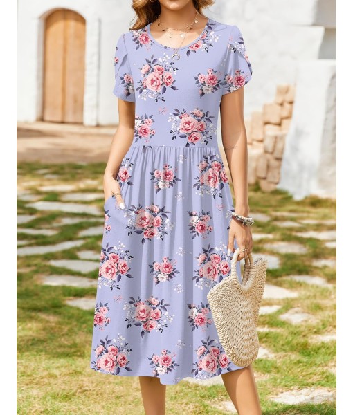 Zeagoo Women Summer Short Sleeve Midi Dress with Pockets Casual Aline Flowy Tshirt Dress Floral Vocation Beach Sundress