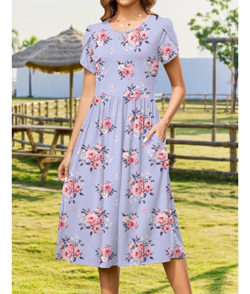 Zeagoo Women Summer Short Sleeve Midi Dress with Pockets Casual Aline Flowy Tshirt Dress Floral Vocation Beach Sundress