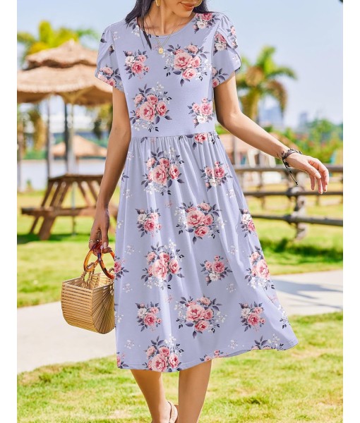 Zeagoo Women Summer Short Sleeve Midi Dress with Pockets Casual Aline Flowy Tshirt Dress Floral Vocation Beach Sundress