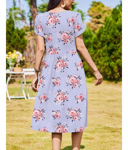Zeagoo Women Summer Short Sleeve Midi Dress with Pockets Casual Aline Flowy Tshirt Dress Floral Vocation Beach Sundress