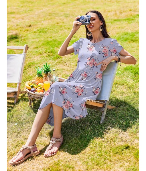 Zeagoo Women Summer Short Sleeve Midi Dress with Pockets Casual Aline Flowy Tshirt Dress Floral Vocation Beach Sundress