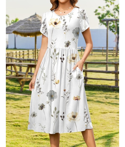 Zeagoo Women Summer Short Sleeve Midi Dress with Pockets Casual Aline Flowy Tshirt Dress Floral Vocation Beach Sundress