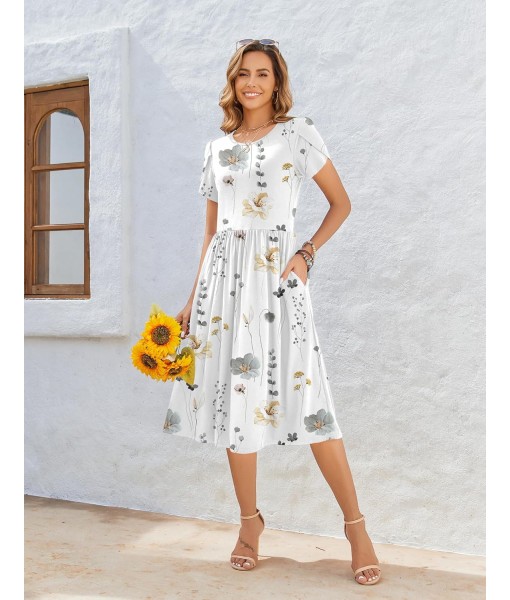 Zeagoo Women Summer Short Sleeve Midi Dress with Pockets Casual Aline Flowy Tshirt Dress Floral Vocation Beach Sundress