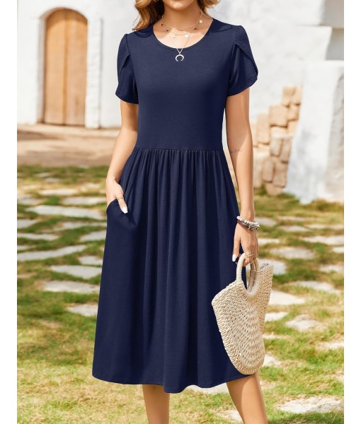Zeagoo Women Summer Short Sleeve Midi Dress with Pockets Casual Aline Flowy Tshirt Dress Floral Vocation Beach Sundress