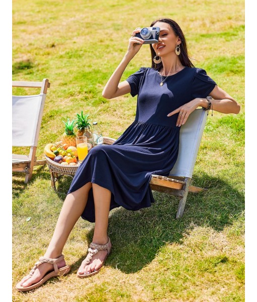 Zeagoo Women Summer Short Sleeve Midi Dress with Pockets Casual Aline Flowy Tshirt Dress Floral Vocation Beach Sundress