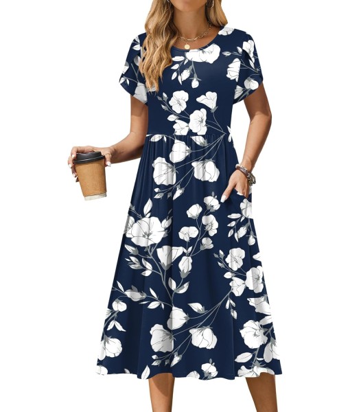 Zeagoo Women Summer Short Sleeve Midi Dress with Pockets Casual Aline Flowy Tshirt Dress Floral Vocation Beach Sundress