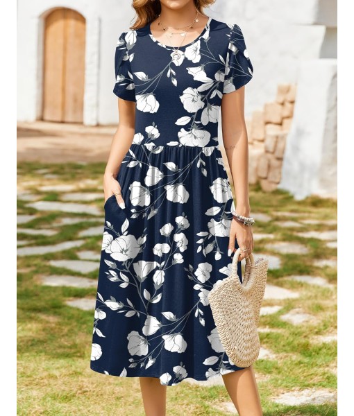 Zeagoo Women Summer Short Sleeve Midi Dress with Pockets Casual Aline Flowy Tshirt Dress Floral Vocation Beach Sundress