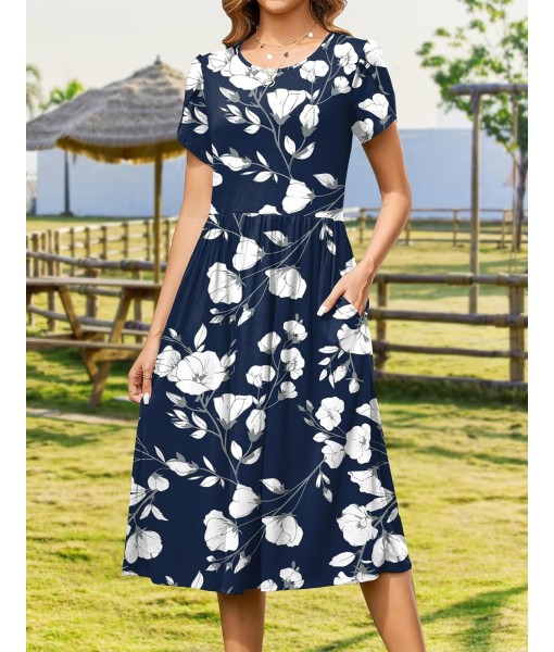 Zeagoo Women Summer Short Sleeve Midi Dress with Pockets Casual Aline Flowy Tshirt Dress Floral Vocation Beach Sundress