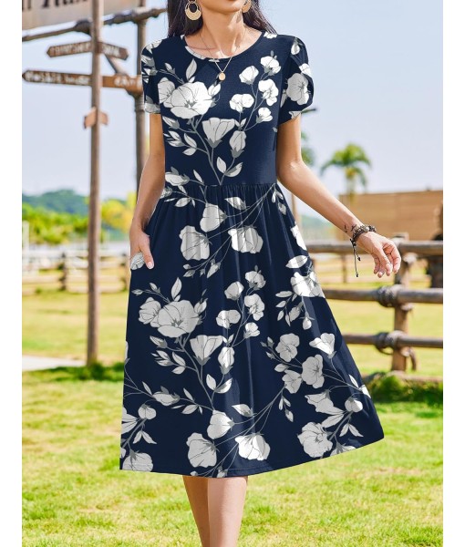 Zeagoo Women Summer Short Sleeve Midi Dress with Pockets Casual Aline Flowy Tshirt Dress Floral Vocation Beach Sundress