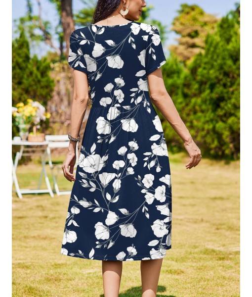 Zeagoo Women Summer Short Sleeve Midi Dress with Pockets Casual Aline Flowy Tshirt Dress Floral Vocation Beach Sundress