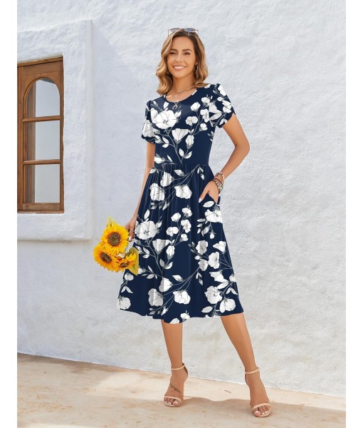 Zeagoo Women Summer Short Sleeve Midi Dress with Pockets Casual Aline Flowy Tshirt Dress Floral Vocation Beach Sundress