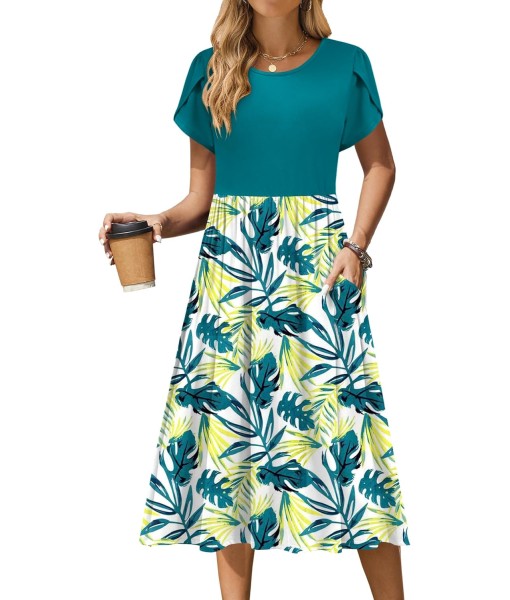 Zeagoo Women Summer Short Sleeve Midi Dress with Pockets Casual Aline Flowy Tshirt Dress Floral Vocation Beach Sundress