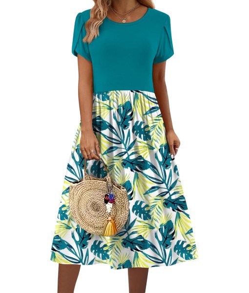 Zeagoo Women Summer Short Sleeve Midi Dress with Pockets Casual Aline Flowy Tshirt Dress Floral Vocation Beach Sundress