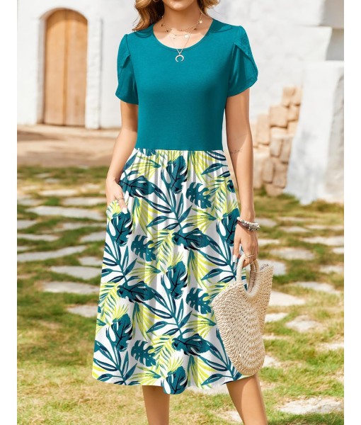 Zeagoo Women Summer Short Sleeve Midi Dress with Pockets Casual Aline Flowy Tshirt Dress Floral Vocation Beach Sundress