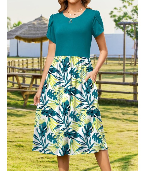 Zeagoo Women Summer Short Sleeve Midi Dress with Pockets Casual Aline Flowy Tshirt Dress Floral Vocation Beach Sundress