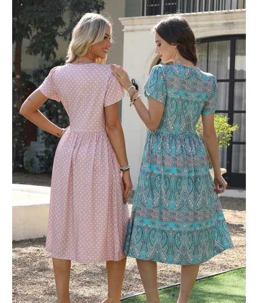 Zeagoo Women Summer Short Sleeve Midi Dress with Pockets Casual Aline Flowy Tshirt Dress Floral Vocation Beach Sundress