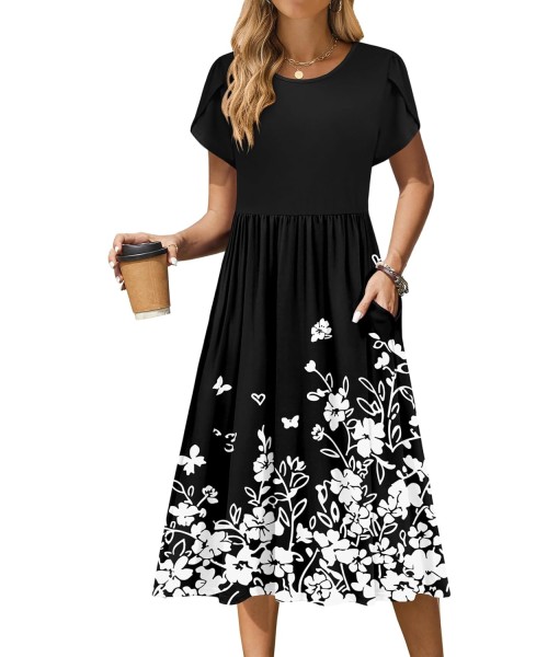 Zeagoo Women Summer Short Sleeve Midi Dress with Pockets Casual Aline Flowy Tshirt Dress Floral Vocation Beach Sundress