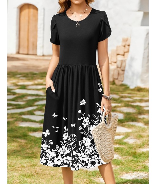 Zeagoo Women Summer Short Sleeve Midi Dress with Pockets Casual Aline Flowy Tshirt Dress Floral Vocation Beach Sundress