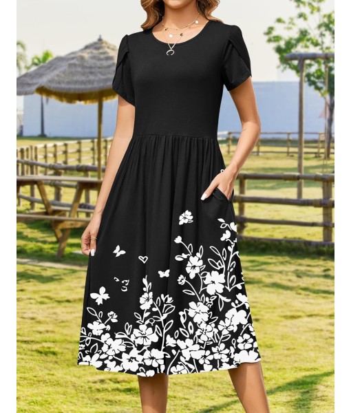 Zeagoo Women Summer Short Sleeve Midi Dress with Pockets Casual Aline Flowy Tshirt Dress Floral Vocation Beach Sundress