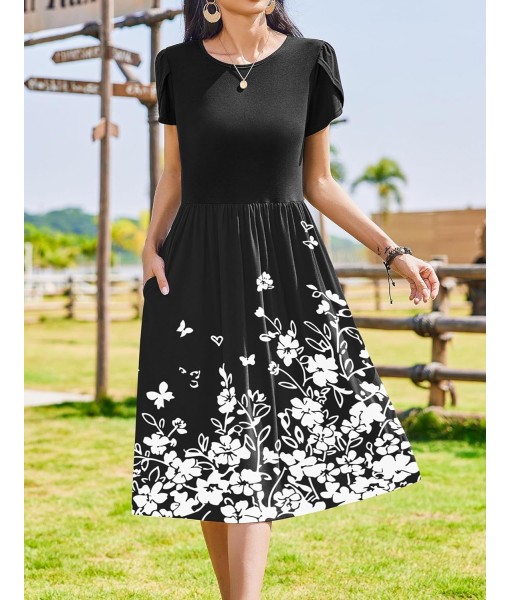 Zeagoo Women Summer Short Sleeve Midi Dress with Pockets Casual Aline Flowy Tshirt Dress Floral Vocation Beach Sundress
