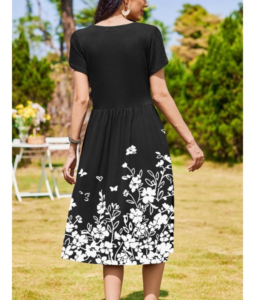 Zeagoo Women Summer Short Sleeve Midi Dress with Pockets Casual Aline Flowy Tshirt Dress Floral Vocation Beach Sundress